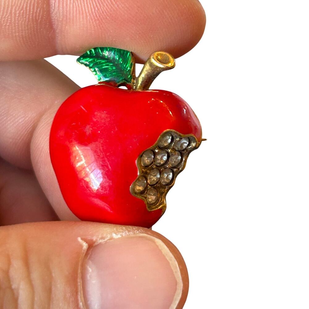 Vintage Gold Tone Red Apple Brooch Figural Enamel Rhinestone Bite